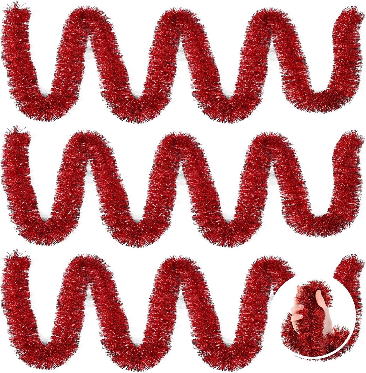3 Pieces 59 Feet Christmas Foil Tinsel Garland, Metallic Tinsel Twist Garland Shiny Hanging Decorations for Holiday Tree, Party Supplies for Christmas (Red)